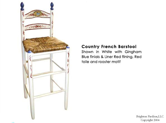 Country French Barstool-White with Gingham Blue finials and Liner Red lining. Rooster motif