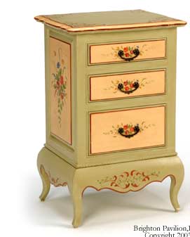 French Nightstand-Light Gray Green with Buff insets and Rose lining and floral sprays