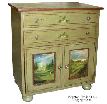 Two Door Nightstand-Burnt Sienna waxed Moss Green with Coffee Been lining. Golf scenes with acorns and oak leaves.