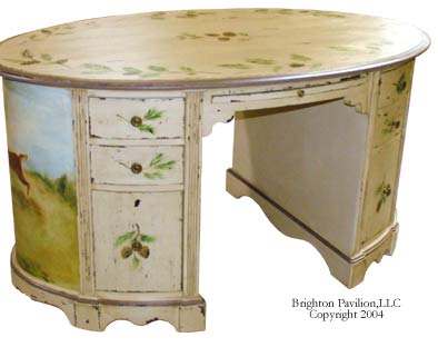 Oval Desk-Eggplant waxed Almond. Plum Smoke lining with deer and pine cones motif