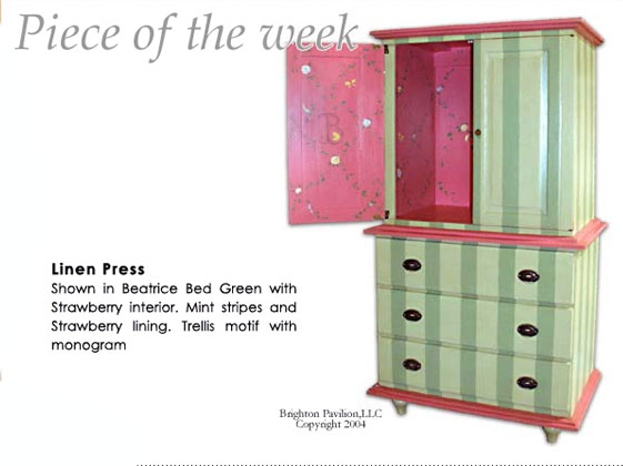 Linen Press-Beatrice Bed Green with Strawberry interior. Mint stripes and Strawberry lining/ Trellis motif with monogram