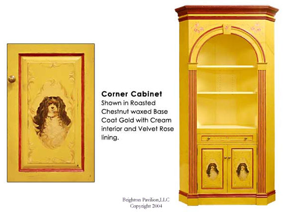 Corner Cabinet-Roated Chestnut waxed base Coat Gold with Cream interior and Velvet Rose lining
