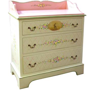 Newport Chest with Changing Top-Icy pink with Eggshell lining. Icy pink trellis with florals and bunny medallion