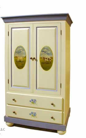 Cottage Armoire-White with French Blue lining. Oval medallions with sheep and cow