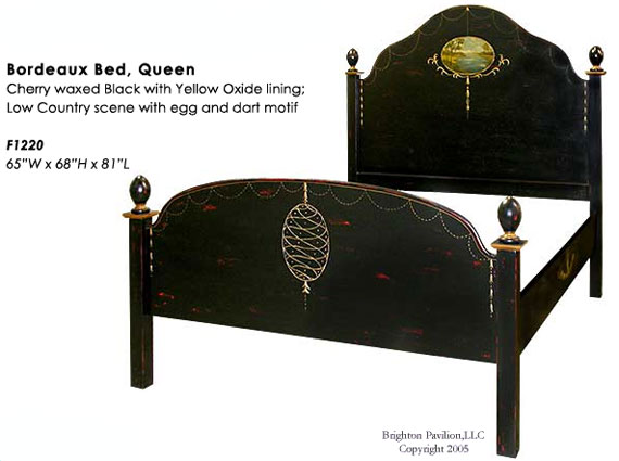 Bordeaux Bed, Queen-Cheery waxed Black with Yellow Oxide lining. Low Country scene with egg and dart motif