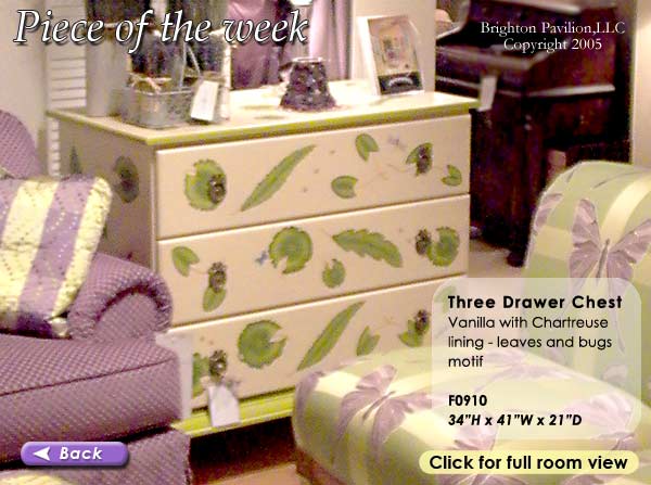 Three Drawer Chest-Vanilla with Chartreuse lining. Leaves and bugs motif